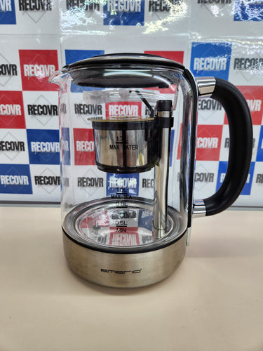 Tetera de vidrio 2200 W 1.7L con colador de té completamente automático de grado 1.3, vidrio de borosilicato de cierre suave, sin BPA, selección de temperatura de volumen, negro/plateado Emerio WK-122248 Ganador de la prueba